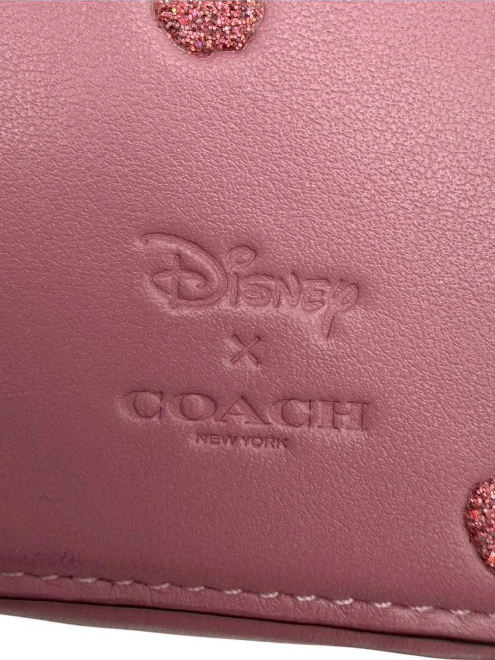 Coach x Disney Minnie Mouse Coin Case 37539B Pink Glitter Polka Dot Leather
